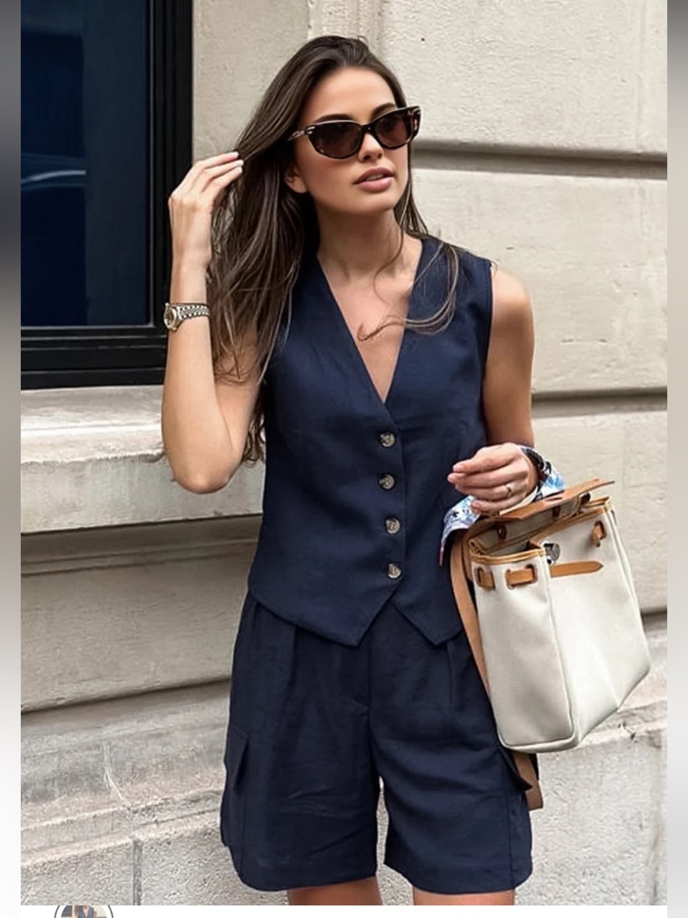 Commense Navy Sleeveless Button Vest & High-Waist Shorts Cotton Set